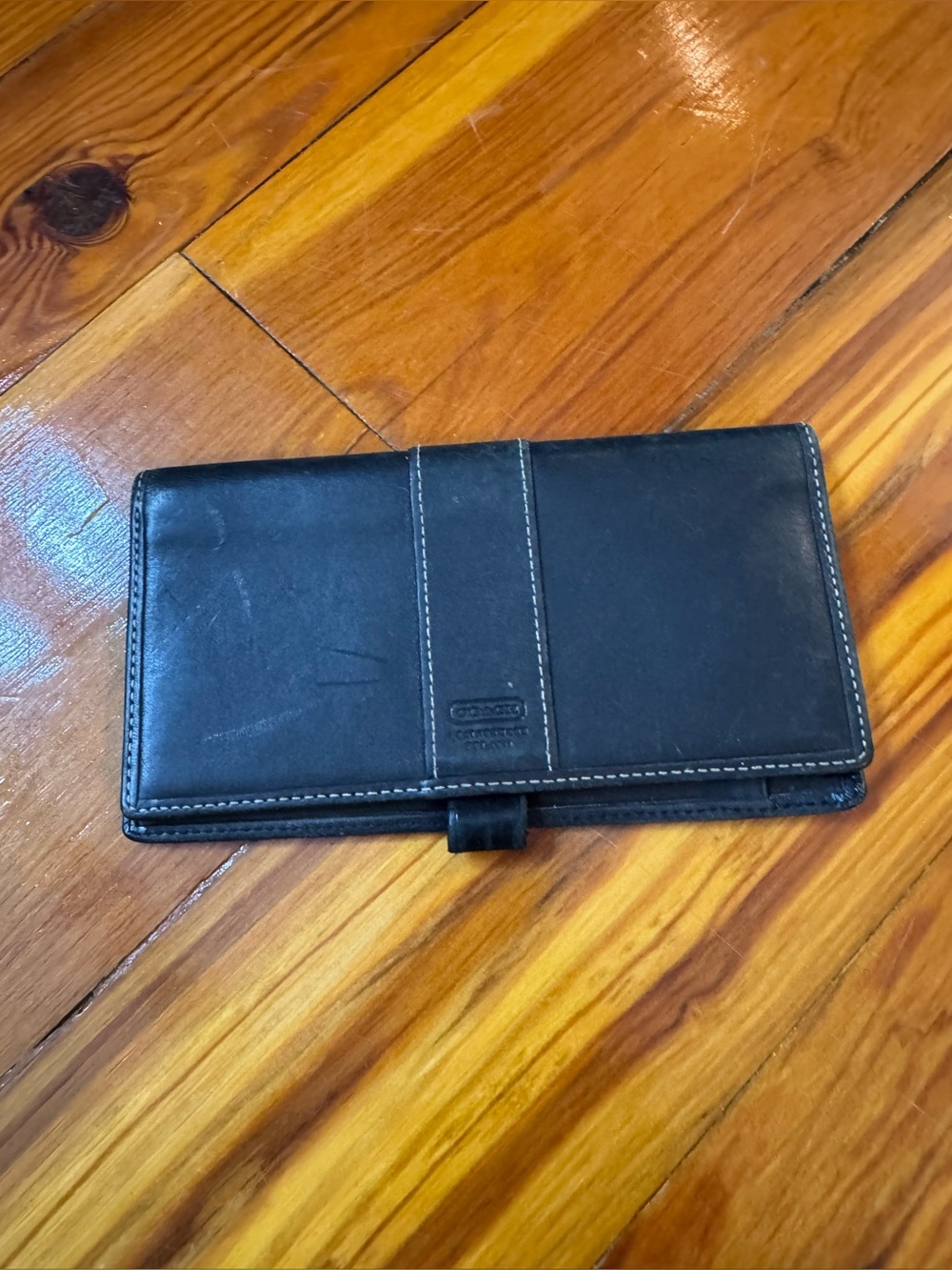 Black Leather Long Checkbook Wallet with Contrast Stitching